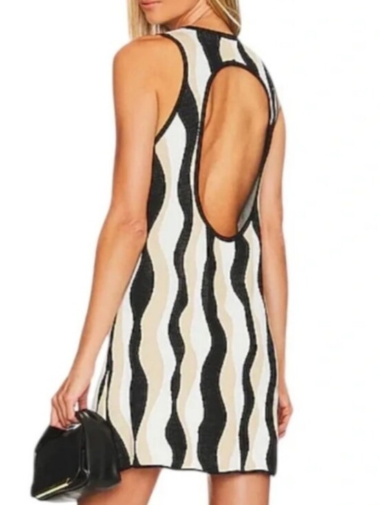 Show Me Your MuMu Dresses & Skirts - Show Me Your MuMu Wave Stripe Oval-Back Mini Dress in Black, White & Beige